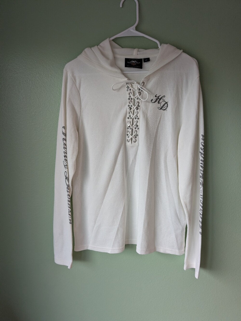 Harley Davidson White Hooded Lace-Up Long Sleeve Top
